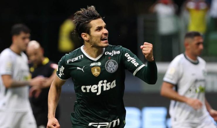 Raphael Veiga comemora gol do Palmeiras contra o Goiás (Divulgação)